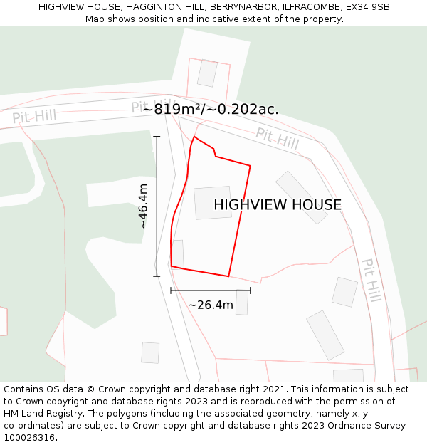 HIGHVIEW HOUSE, HAGGINTON HILL, BERRYNARBOR, ILFRACOMBE, EX34 9SB: Plot and title map