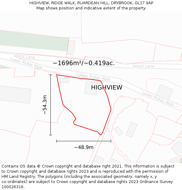 HIGHVIEW, RIDGE WALK, RUARDEAN HILL, DRYBROOK, GL17 9AP: Plot and title map