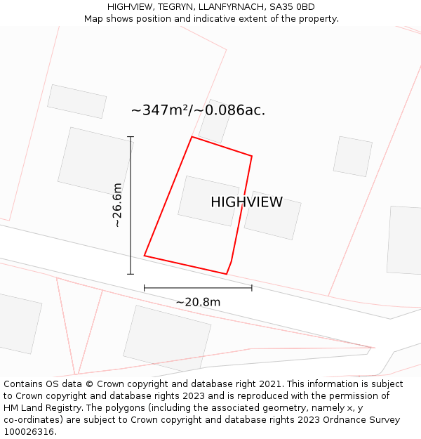 HIGHVIEW, TEGRYN, LLANFYRNACH, SA35 0BD: Plot and title map