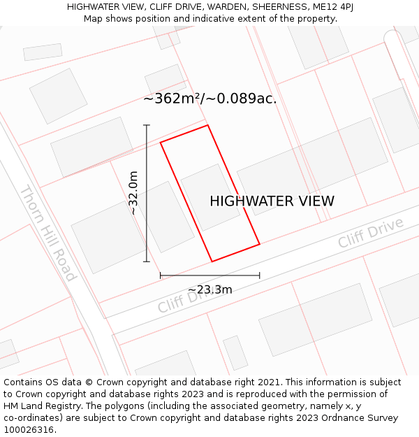 HIGHWATER VIEW, CLIFF DRIVE, WARDEN, SHEERNESS, ME12 4PJ: Plot and title map