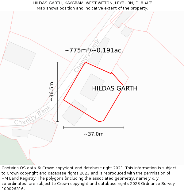 HILDAS GARTH, KAYGRAM, WEST WITTON, LEYBURN, DL8 4LZ: Plot and title map