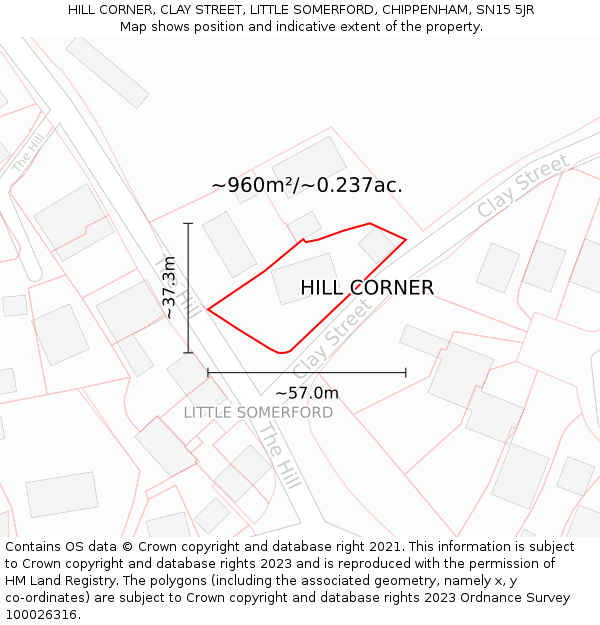 HILL CORNER, CLAY STREET, LITTLE SOMERFORD, CHIPPENHAM, SN15 5JR: Plot and title map