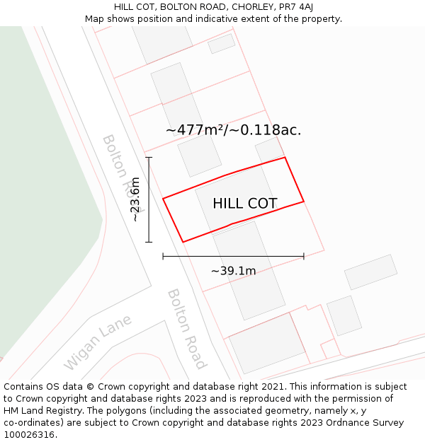 HILL COT, BOLTON ROAD, CHORLEY, PR7 4AJ: Plot and title map