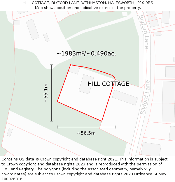 HILL COTTAGE, BLYFORD LANE, WENHASTON, HALESWORTH, IP19 9BS: Plot and title map