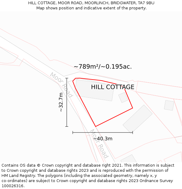 HILL COTTAGE, MOOR ROAD, MOORLINCH, BRIDGWATER, TA7 9BU: Plot and title map