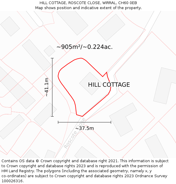 HILL COTTAGE, ROSCOTE CLOSE, WIRRAL, CH60 0EB: Plot and title map