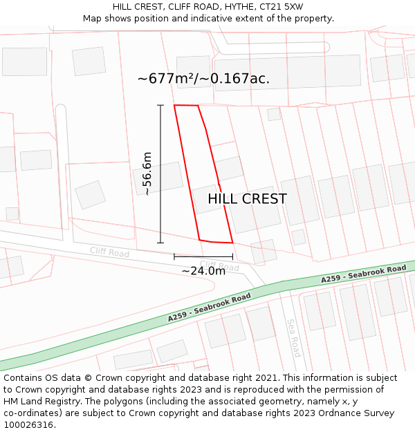 HILL CREST, CLIFF ROAD, HYTHE, CT21 5XW: Plot and title map