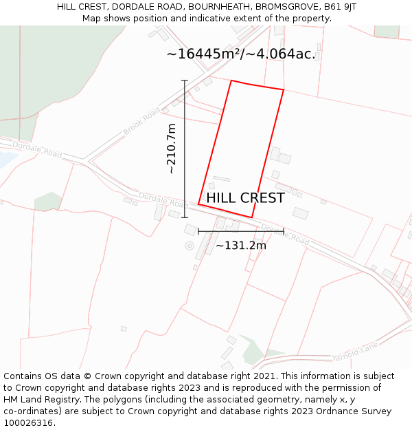 HILL CREST, DORDALE ROAD, BOURNHEATH, BROMSGROVE, B61 9JT: Plot and title map