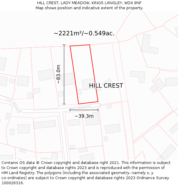 HILL CREST, LADY MEADOW, KINGS LANGLEY, WD4 9NF: Plot and title map