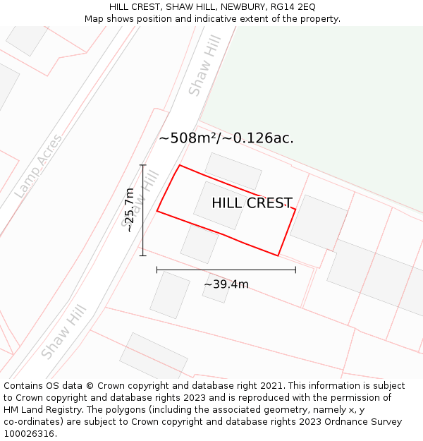 HILL CREST, SHAW HILL, NEWBURY, RG14 2EQ: Plot and title map