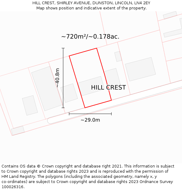 HILL CREST, SHIRLEY AVENUE, DUNSTON, LINCOLN, LN4 2EY: Plot and title map