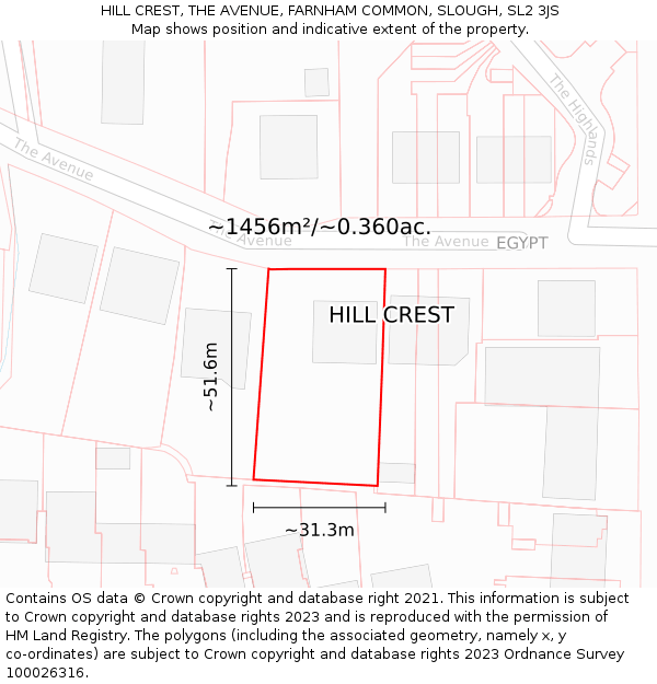 HILL CREST, THE AVENUE, FARNHAM COMMON, SLOUGH, SL2 3JS: Plot and title map