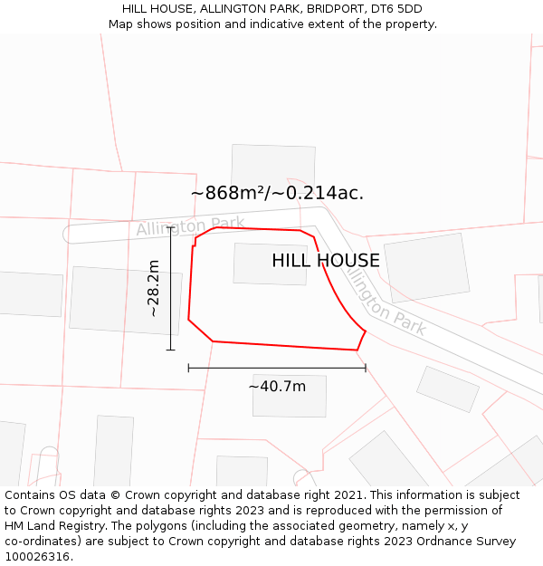 HILL HOUSE, ALLINGTON PARK, BRIDPORT, DT6 5DD: Plot and title map