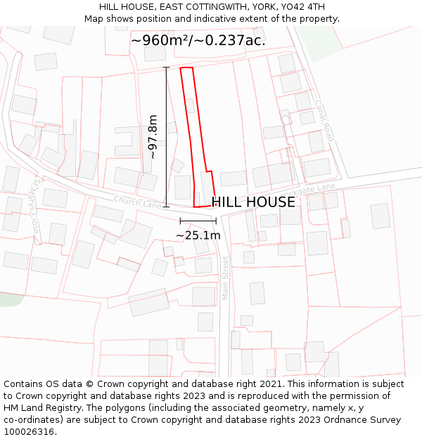 HILL HOUSE, EAST COTTINGWITH, YORK, YO42 4TH: Plot and title map