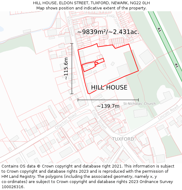 HILL HOUSE, ELDON STREET, TUXFORD, NEWARK, NG22 0LH: Plot and title map