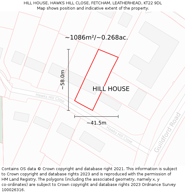 HILL HOUSE, HAWKS HILL CLOSE, FETCHAM, LEATHERHEAD, KT22 9DL: Plot and title map