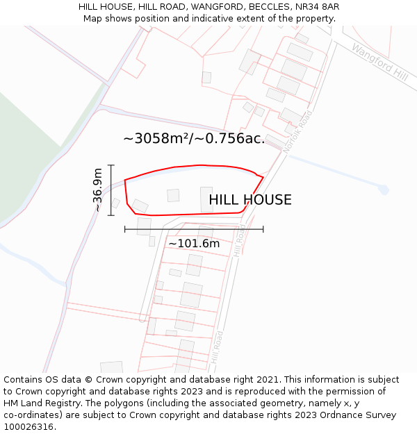 HILL HOUSE, HILL ROAD, WANGFORD, BECCLES, NR34 8AR: Plot and title map