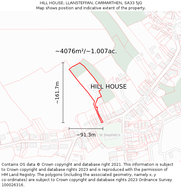 HILL HOUSE, LLANSTEFFAN, CARMARTHEN, SA33 5JG: Plot and title map