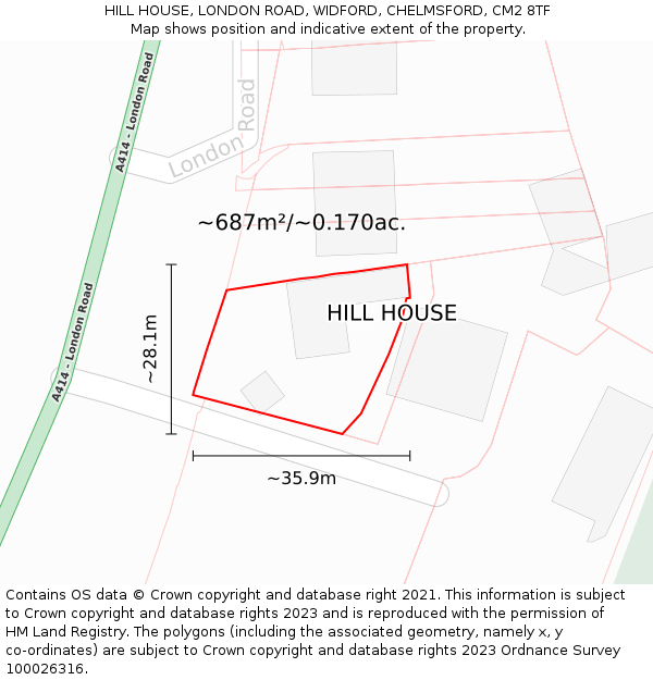 HILL HOUSE, LONDON ROAD, WIDFORD, CHELMSFORD, CM2 8TF: Plot and title map