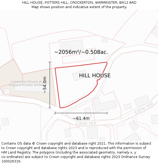 HILL HOUSE, POTTERS HILL, CROCKERTON, WARMINSTER, BA12 8AD: Plot and title map