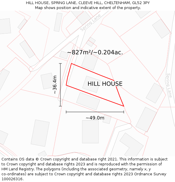 HILL HOUSE, SPRING LANE, CLEEVE HILL, CHELTENHAM, GL52 3PY: Plot and title map
