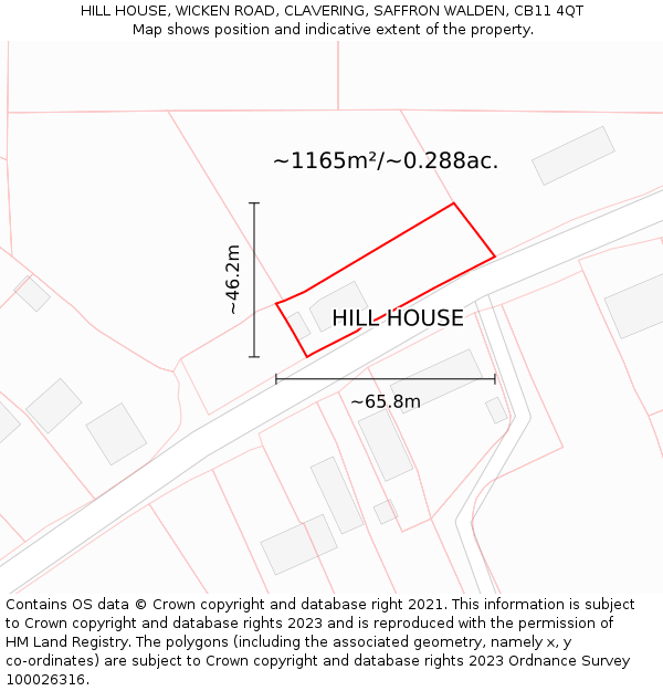 HILL HOUSE, WICKEN ROAD, CLAVERING, SAFFRON WALDEN, CB11 4QT: Plot and title map