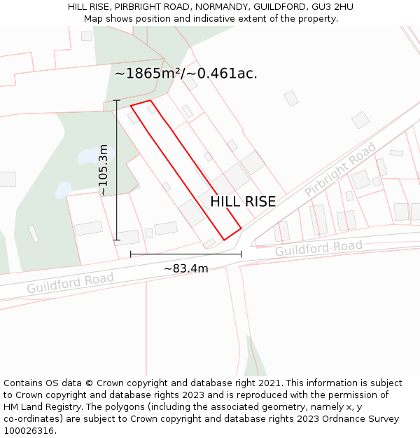 HILL RISE, PIRBRIGHT ROAD, NORMANDY, GUILDFORD, GU3 2HU: Plot and title map