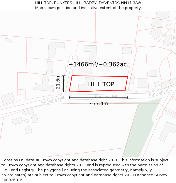 HILL TOP, BUNKERS HILL, BADBY, DAVENTRY, NN11 3AW: Plot and title map