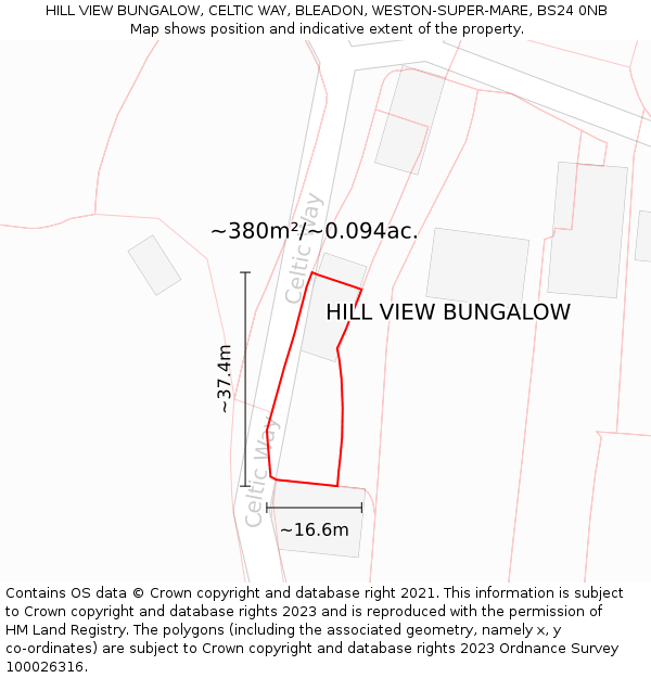 HILL VIEW BUNGALOW, CELTIC WAY, BLEADON, WESTON-SUPER-MARE, BS24 0NB: Plot and title map