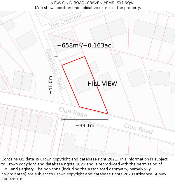 HILL VIEW, CLUN ROAD, CRAVEN ARMS, SY7 9QW: Plot and title map