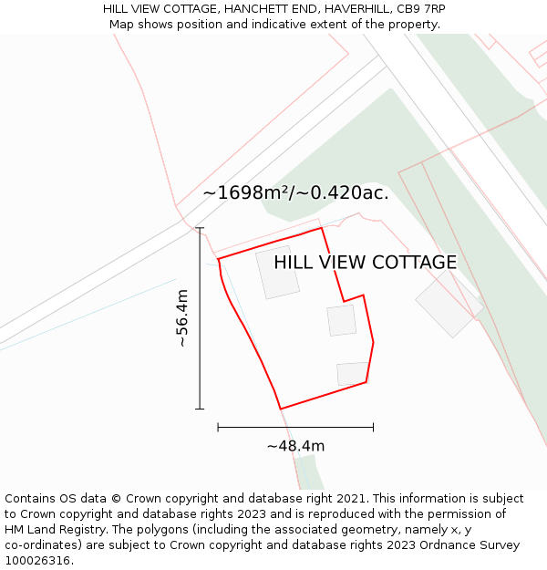 HILL VIEW COTTAGE, HANCHETT END, HAVERHILL, CB9 7RP: Plot and title map