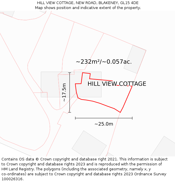 HILL VIEW COTTAGE, NEW ROAD, BLAKENEY, GL15 4DE: Plot and title map