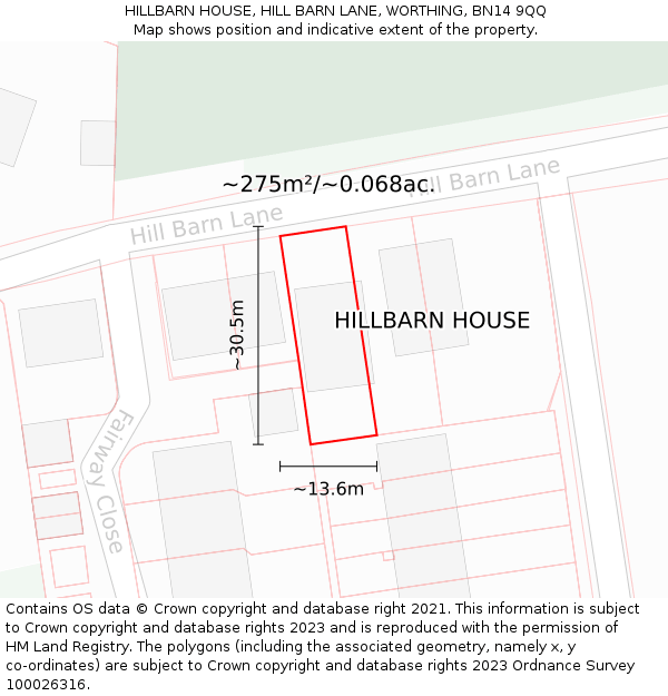 HILLBARN HOUSE, HILL BARN LANE, WORTHING, BN14 9QQ: Plot and title map