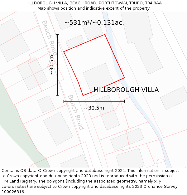 HILLBOROUGH VILLA, BEACH ROAD, PORTHTOWAN, TRURO, TR4 8AA: Plot and title map
