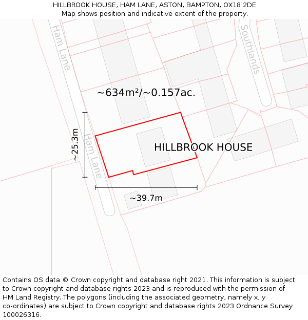HILLBROOK HOUSE, HAM LANE, ASTON, BAMPTON, OX18 2DE: Plot and title map
