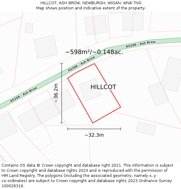 HILLCOT, ASH BROW, NEWBURGH, WIGAN, WN8 7NG: Plot and title map