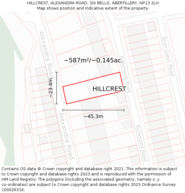 HILLCREST, ALEXANDRA ROAD, SIX BELLS, ABERTILLERY, NP13 2LH: Plot and title map