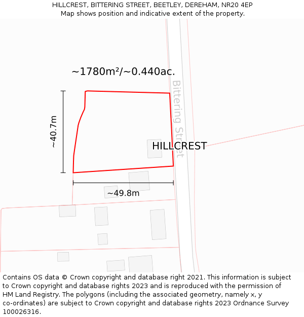 HILLCREST, BITTERING STREET, BEETLEY, DEREHAM, NR20 4EP: Plot and title map
