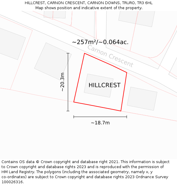 HILLCREST, CARNON CRESCENT, CARNON DOWNS, TRURO, TR3 6HL: Plot and title map