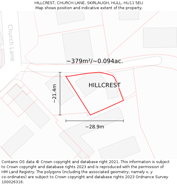 HILLCREST, CHURCH LANE, SKIRLAUGH, HULL, HU11 5EU: Plot and title map