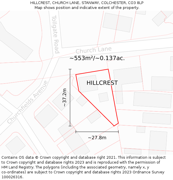 HILLCREST, CHURCH LANE, STANWAY, COLCHESTER, CO3 8LP: Plot and title map