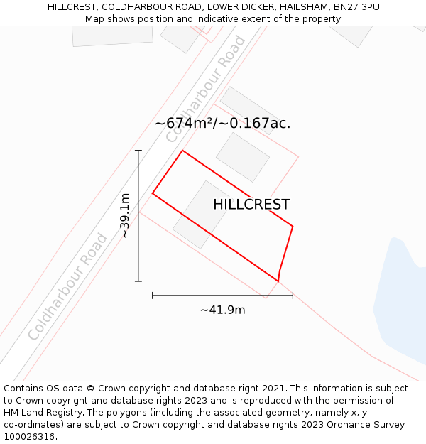 HILLCREST, COLDHARBOUR ROAD, LOWER DICKER, HAILSHAM, BN27 3PU: Plot and title map