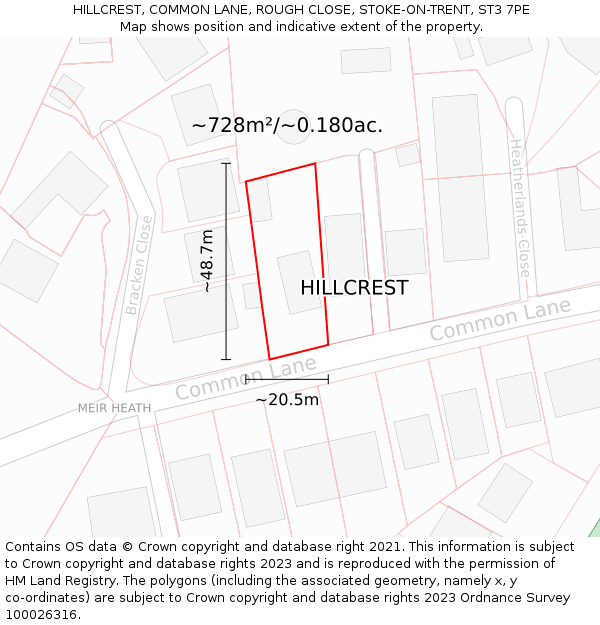 HILLCREST, COMMON LANE, ROUGH CLOSE, STOKE-ON-TRENT, ST3 7PE: Plot and title map