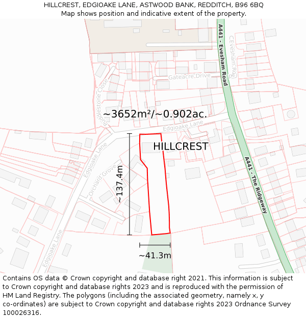 HILLCREST, EDGIOAKE LANE, ASTWOOD BANK, REDDITCH, B96 6BQ: Plot and title map