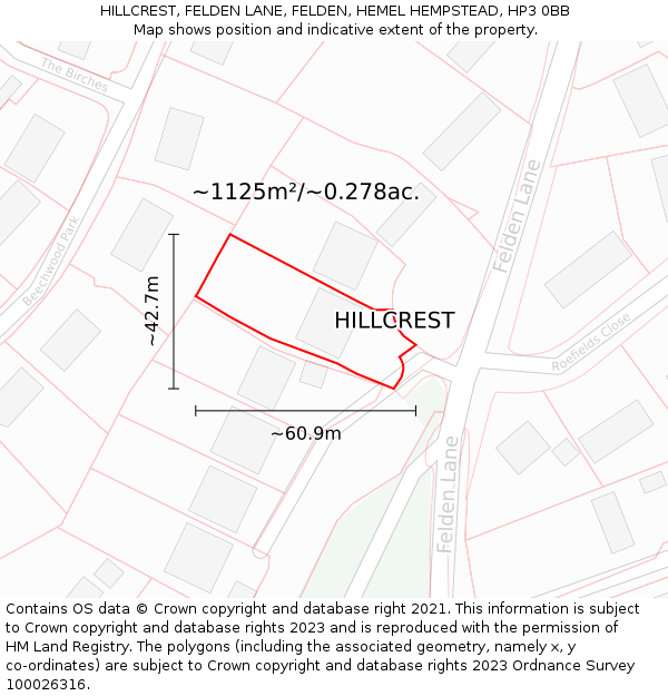 HILLCREST, FELDEN LANE, FELDEN, HEMEL HEMPSTEAD, HP3 0BB: Plot and title map