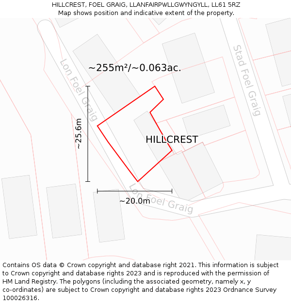 HILLCREST, FOEL GRAIG, LLANFAIRPWLLGWYNGYLL, LL61 5RZ: Plot and title map