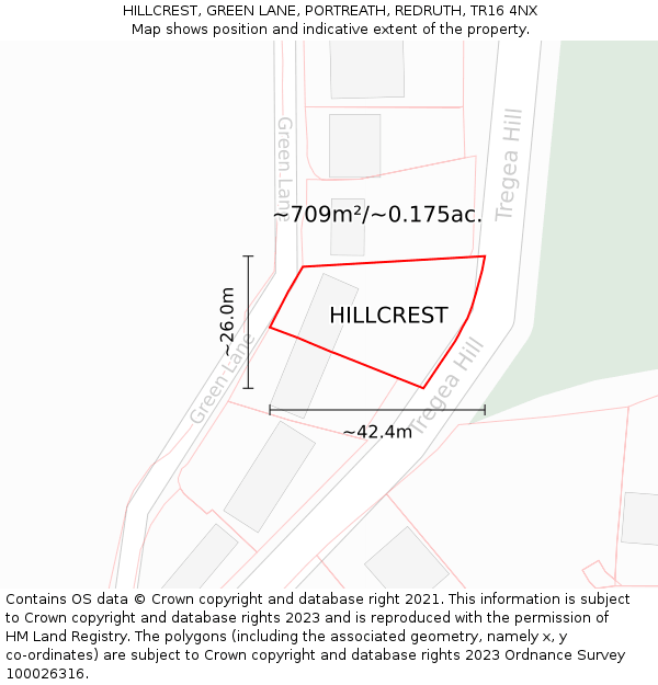 HILLCREST, GREEN LANE, PORTREATH, REDRUTH, TR16 4NX: Plot and title map
