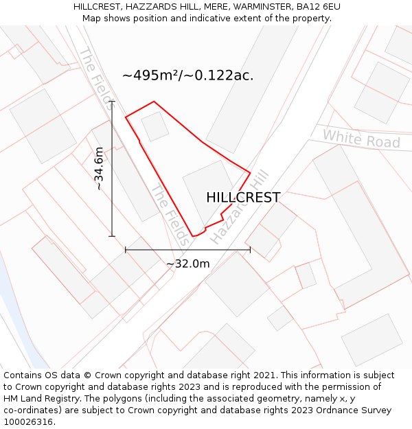 HILLCREST, HAZZARDS HILL, MERE, WARMINSTER, BA12 6EU: Plot and title map