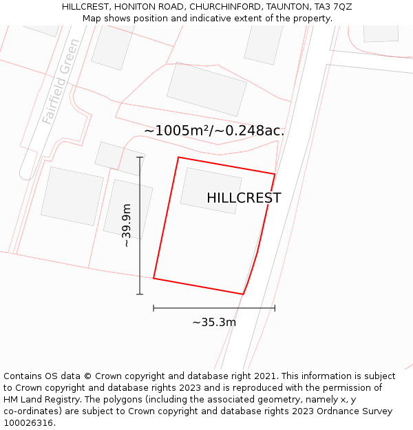 HILLCREST, HONITON ROAD, CHURCHINFORD, TAUNTON, TA3 7QZ: Plot and title map