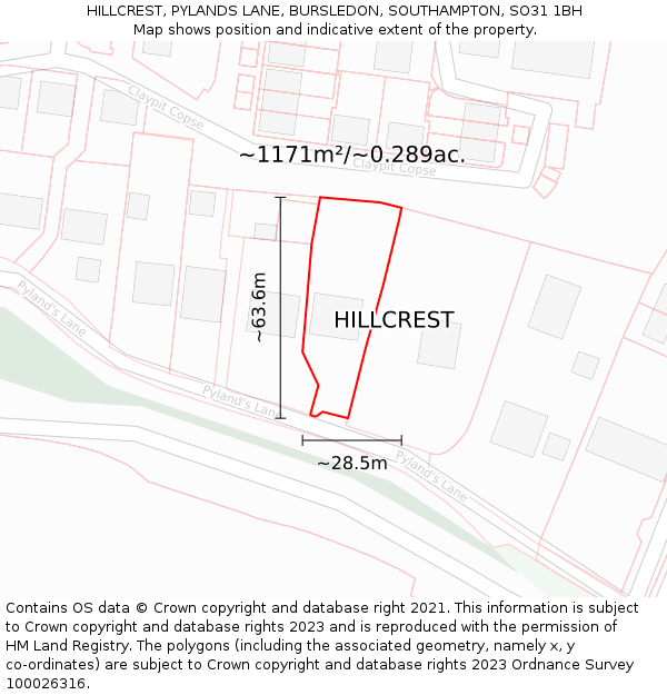 HILLCREST, PYLANDS LANE, BURSLEDON, SOUTHAMPTON, SO31 1BH: Plot and title map